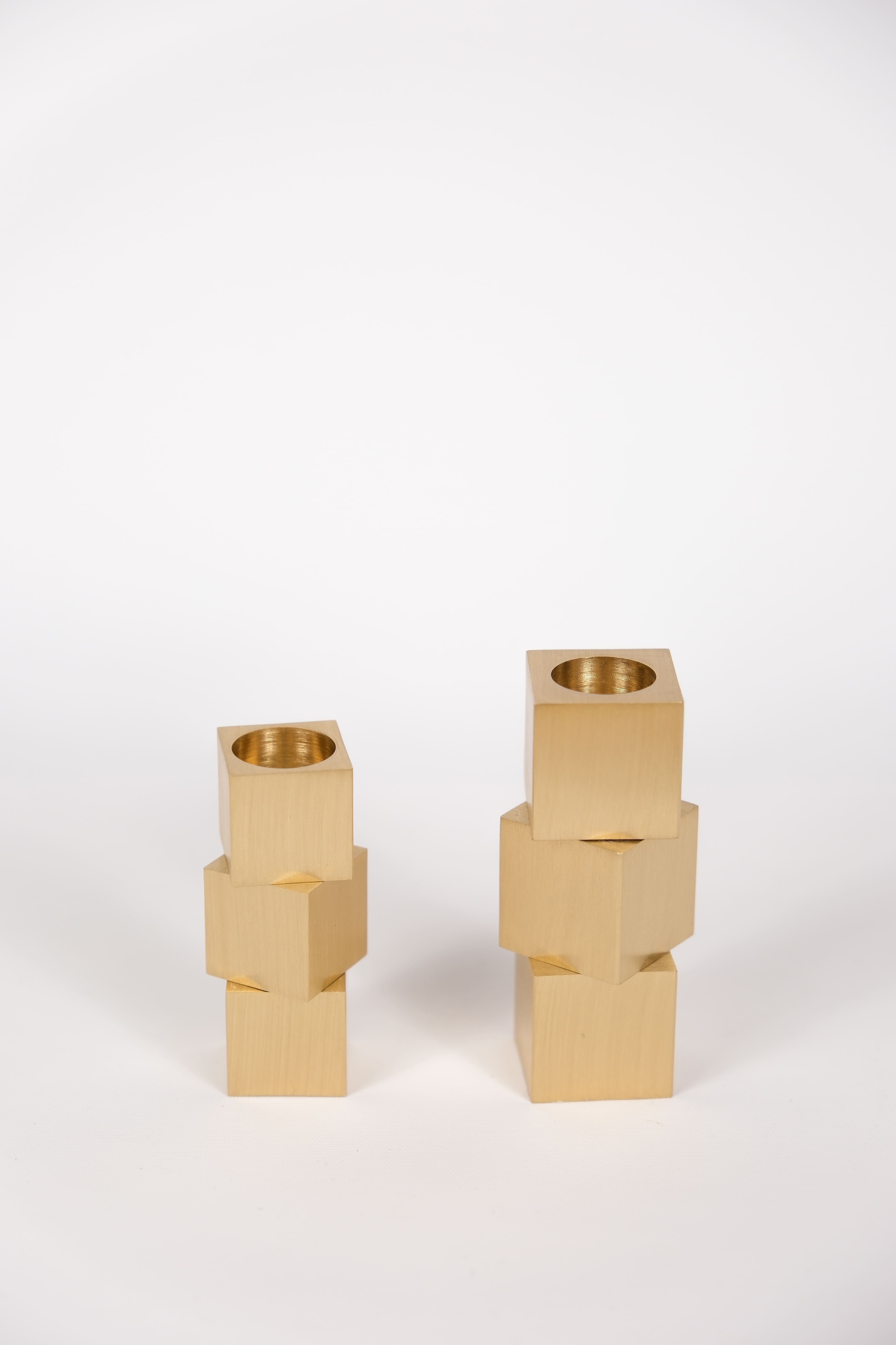 Set of 2 Square-Shaped Brass Candle Holders – Handmade