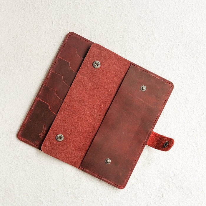 Vertical Card Holder Snap Closure Long Leather Wallet