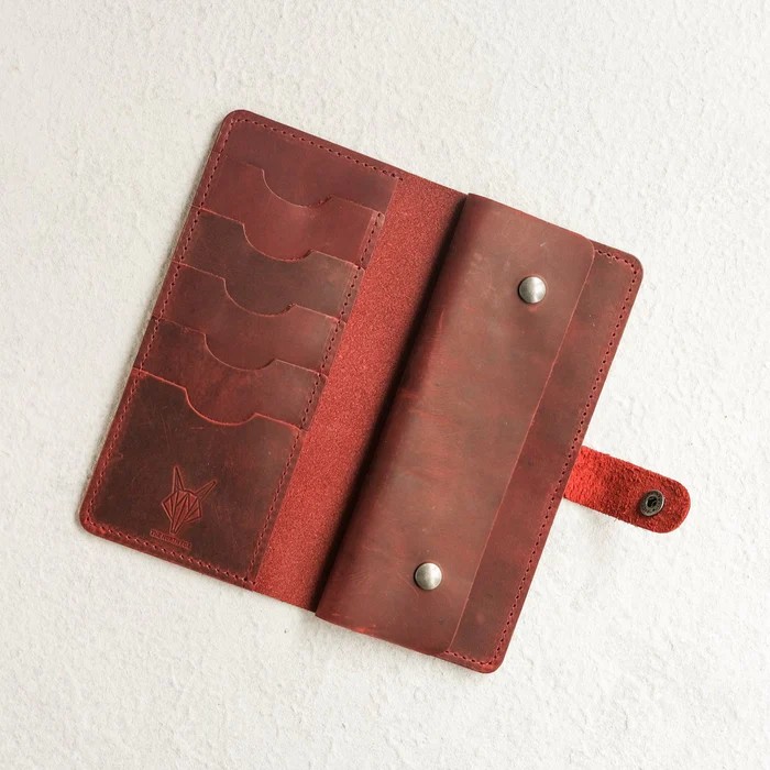 Vertical Card Holder Snap Closure Long Leather Wallet