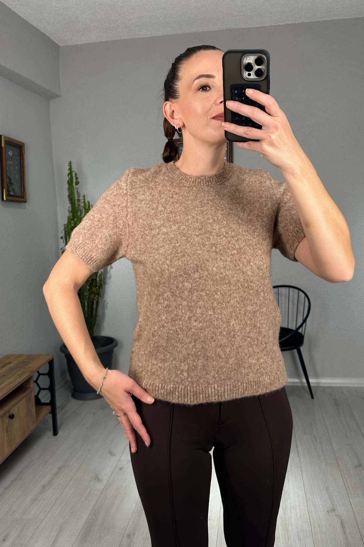 Massi Kısa Kol Crop Kazak  - Vizon