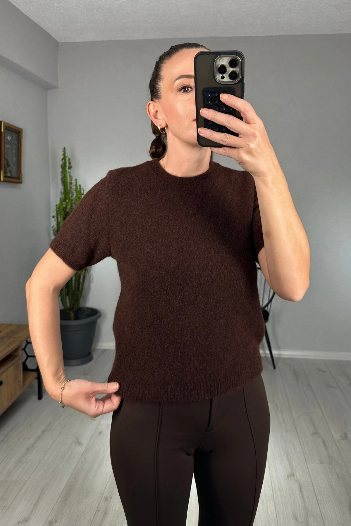 Massi Kısa Kol Crop Kazak  - kahverengi