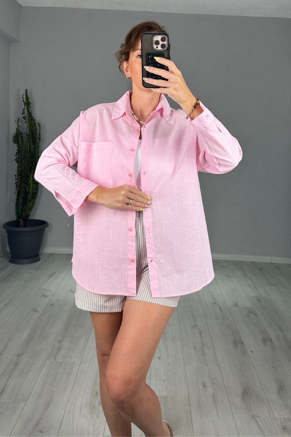 Keten Tek Cepli Oversize Gömlek 