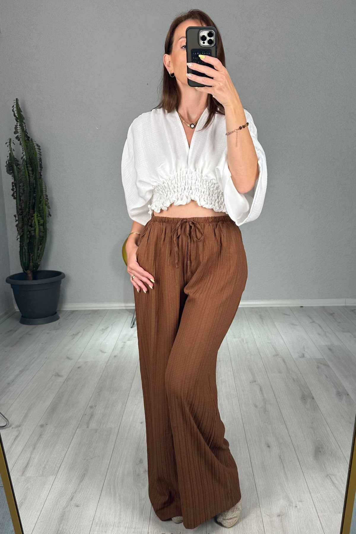 Gofre Beli Latikli Palazzo Pantolon  - kahve