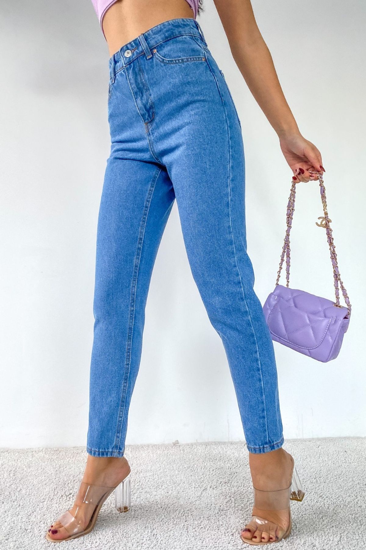 Kadın Yüksek Bel Mom Jeans Kot Pantolon - Mavi