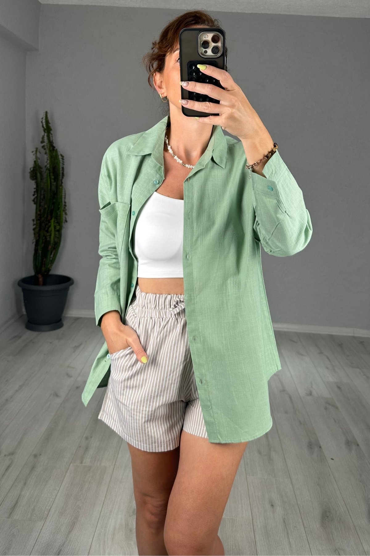 Keten Tek Cepli Oversize Gömlek  - mint yeşili