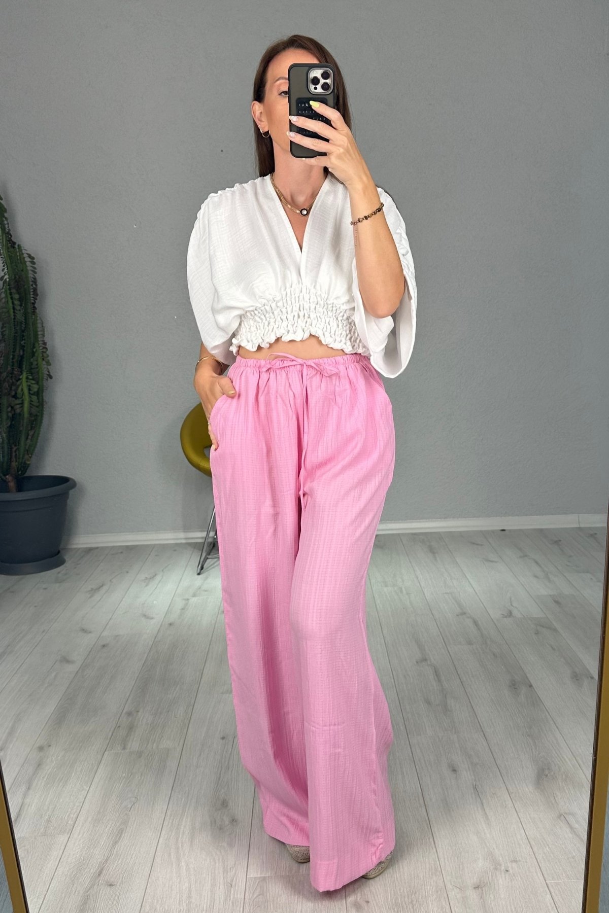 Gofre Beli Latikli Palazzo Pantolon  - pembe