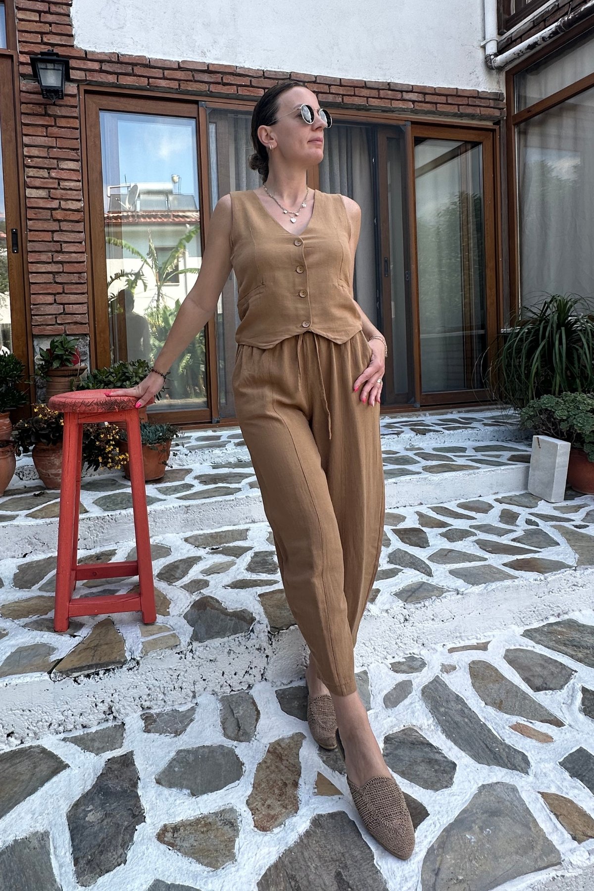Keten Yelek Pantolon Takım  - kahverengi