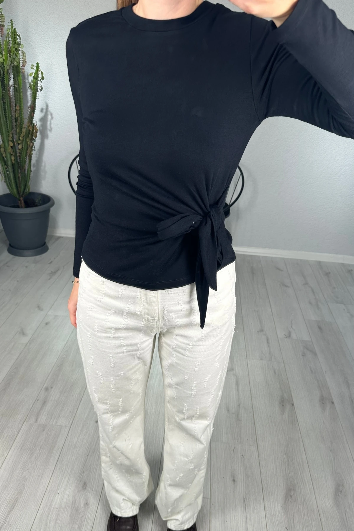 Bisiklet Yaka Belden Bağlamalı Bluz