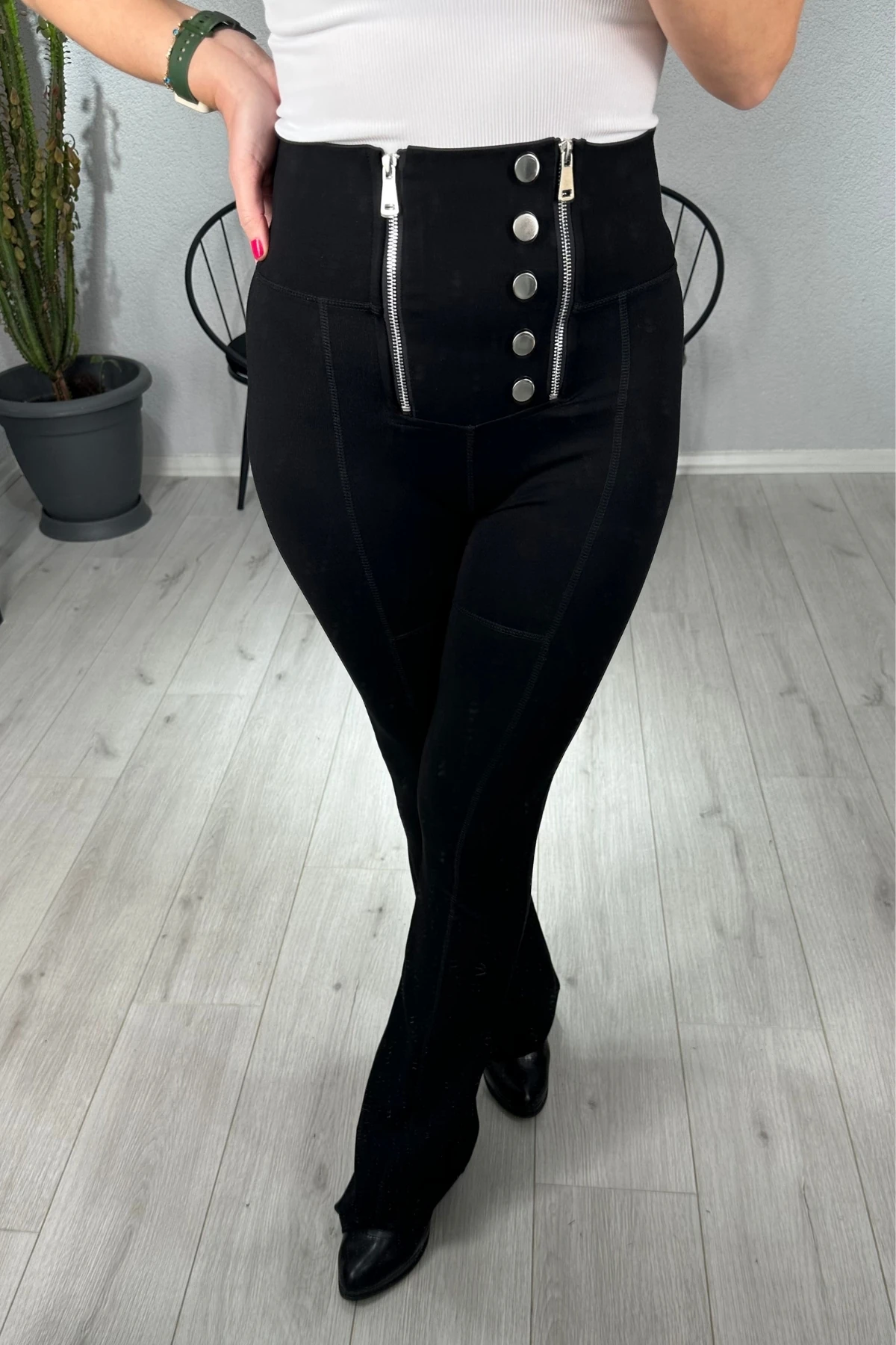 İspanyol Paça Çift Fermuarlı Tayt