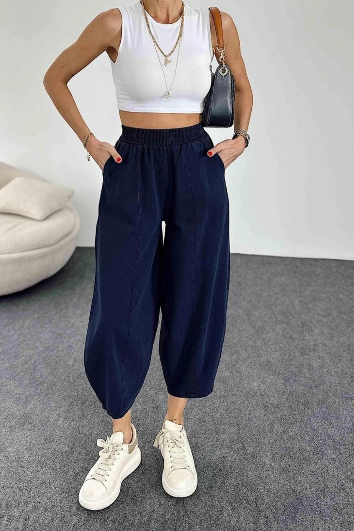 Önden Şeritli Beli Lastikli Gabardin Pantolon