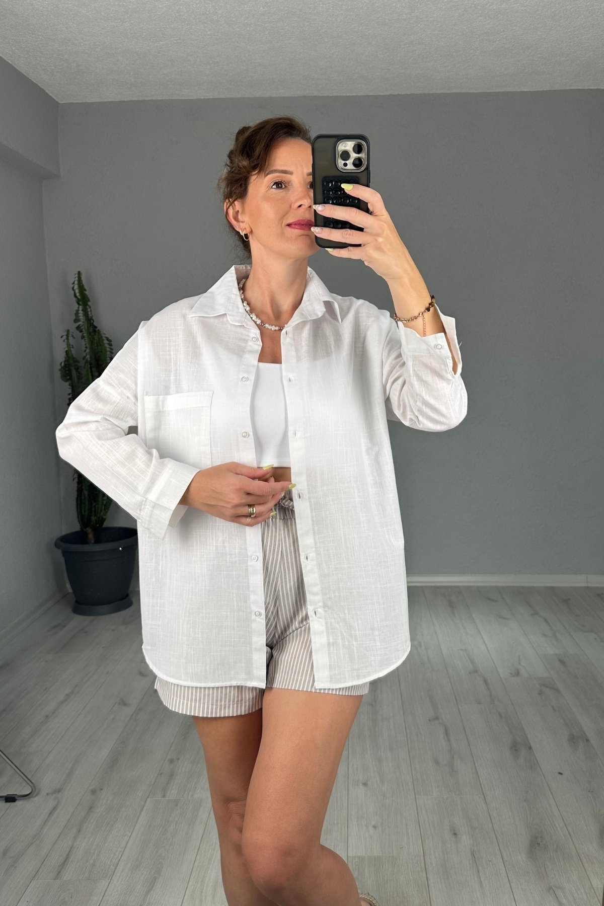 Keten Tek Cepli Oversize Gömlek  - Beyaz
