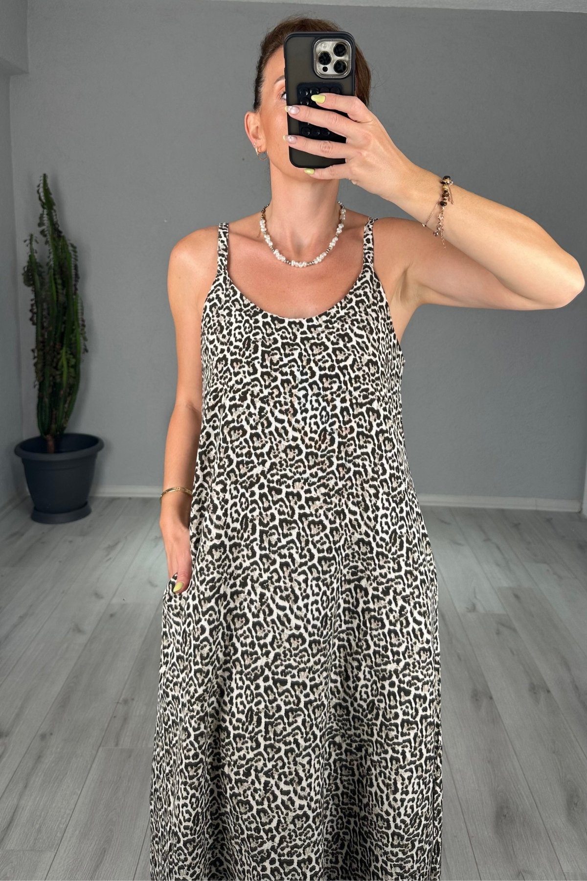Leopar Desen Uzun Keten Elbise 