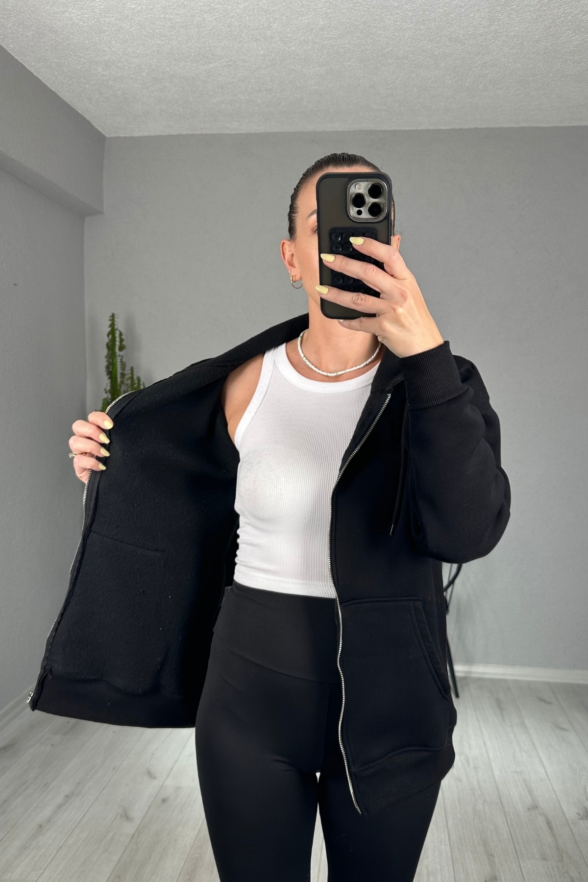 Oversize Şardonlu Kapşonlu ve Önden Fermuarlı Sweatshirt