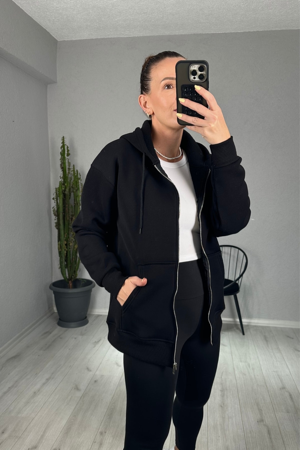 Oversize Şardonlu Kapşonlu ve Önden Fermuarlı Sweatshirt