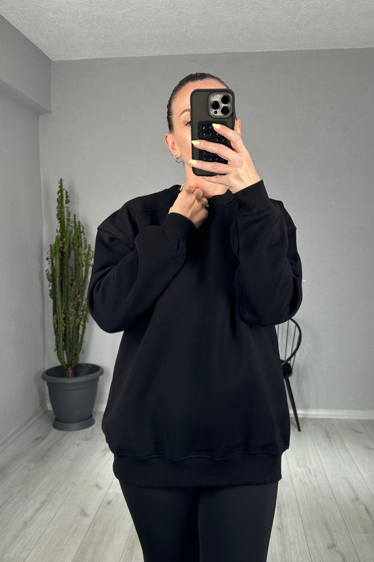 Overisize Şardonlu Sweatshirt - Siyah