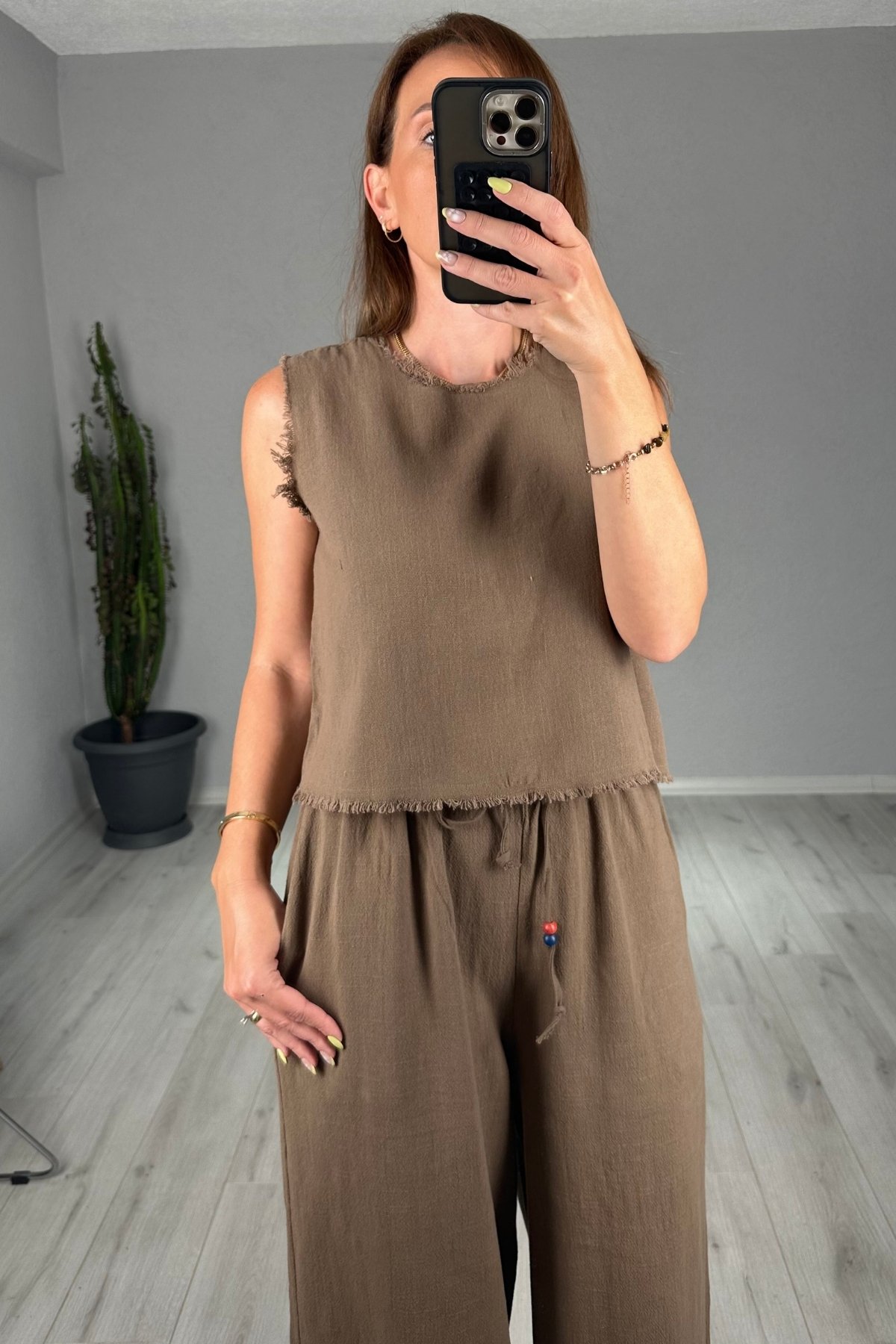 Keten Pantolon Bluz Takım 