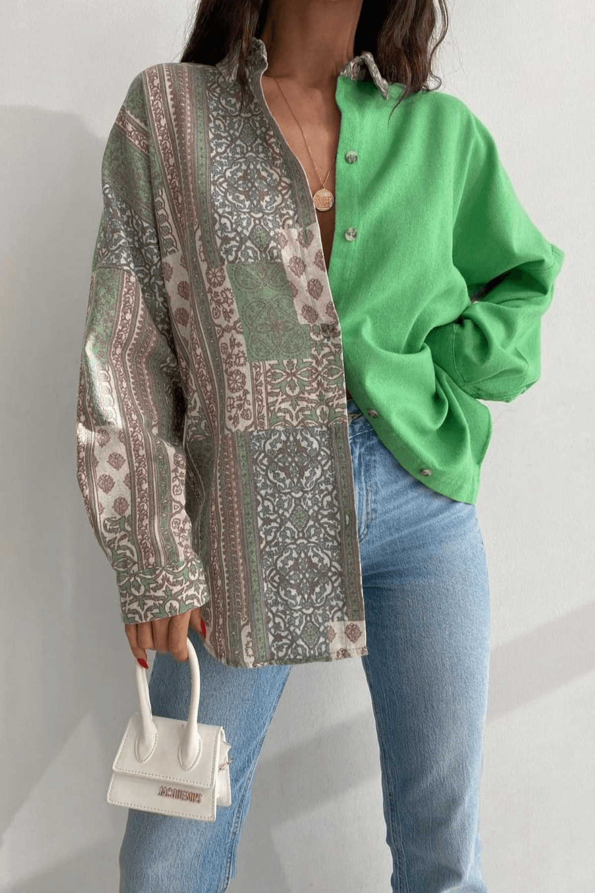 Kadın Pamuklu Etnik Desen Gömlek - Yeşil