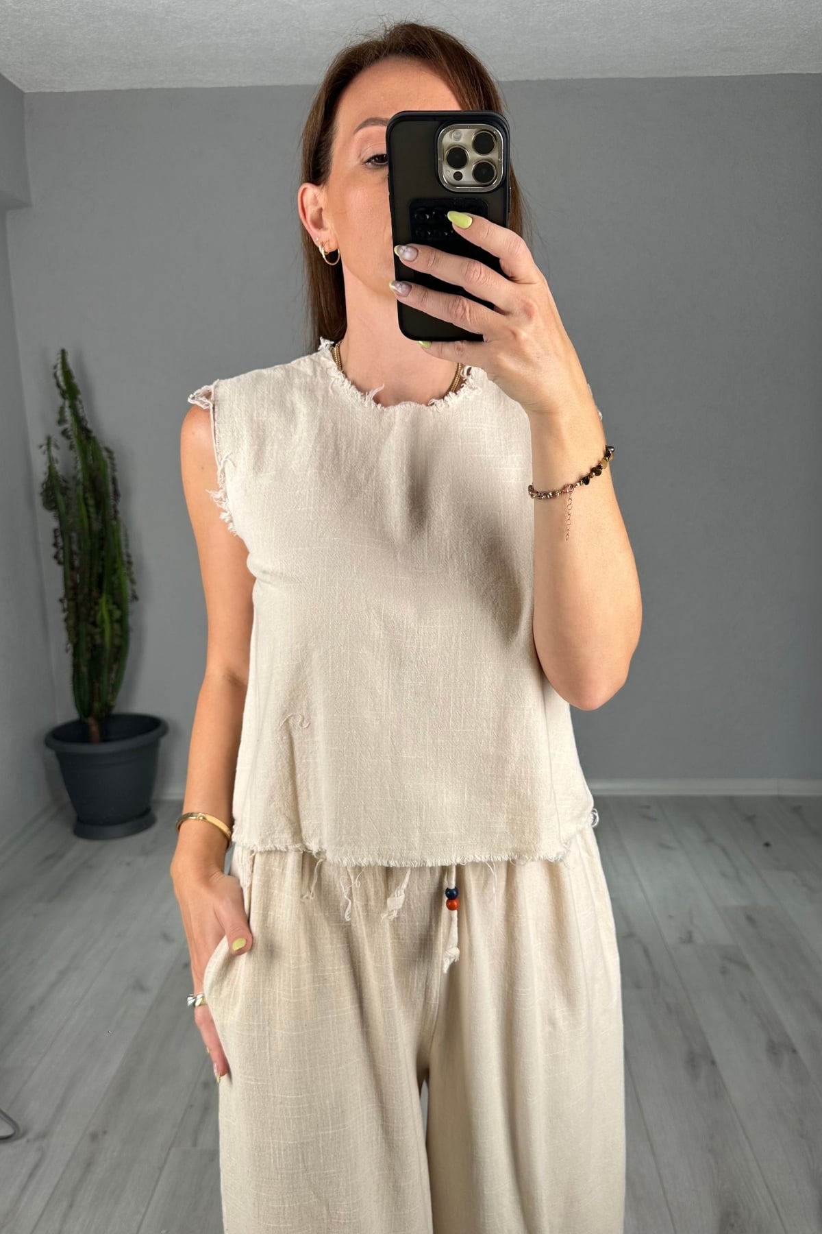Keten Pantolon Bluz Takım