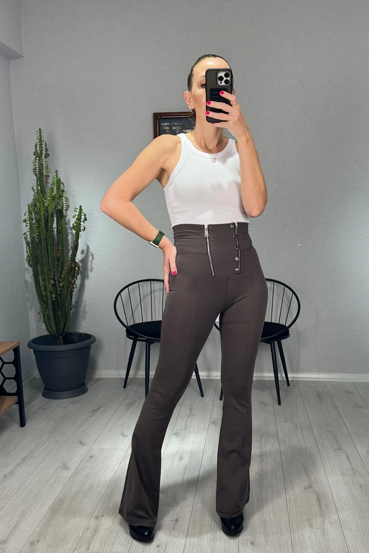 İspanyol Paça Çift Fermuarlı Tayt - kahverengi