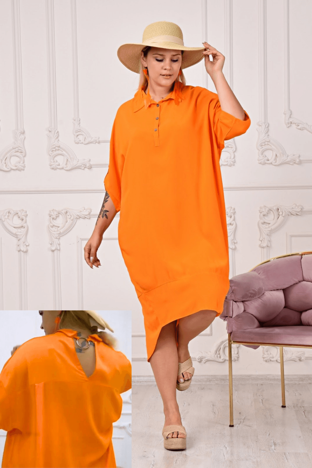 Kadın Sırt Detaylı Otantik Yazlık Elbise - turuncu