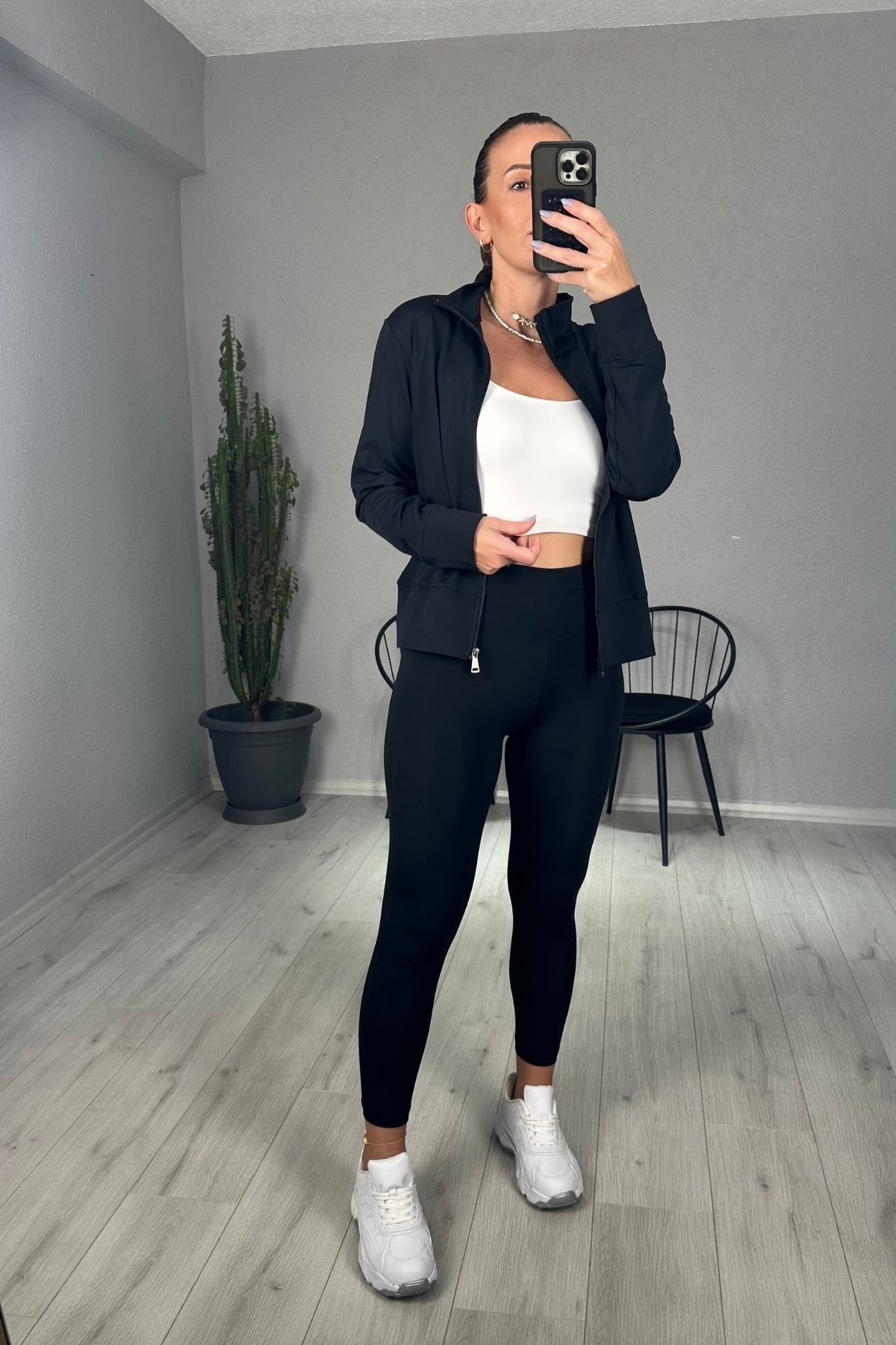 Oysh Fermuarlı Sweat Tayt Takım  - Siyah