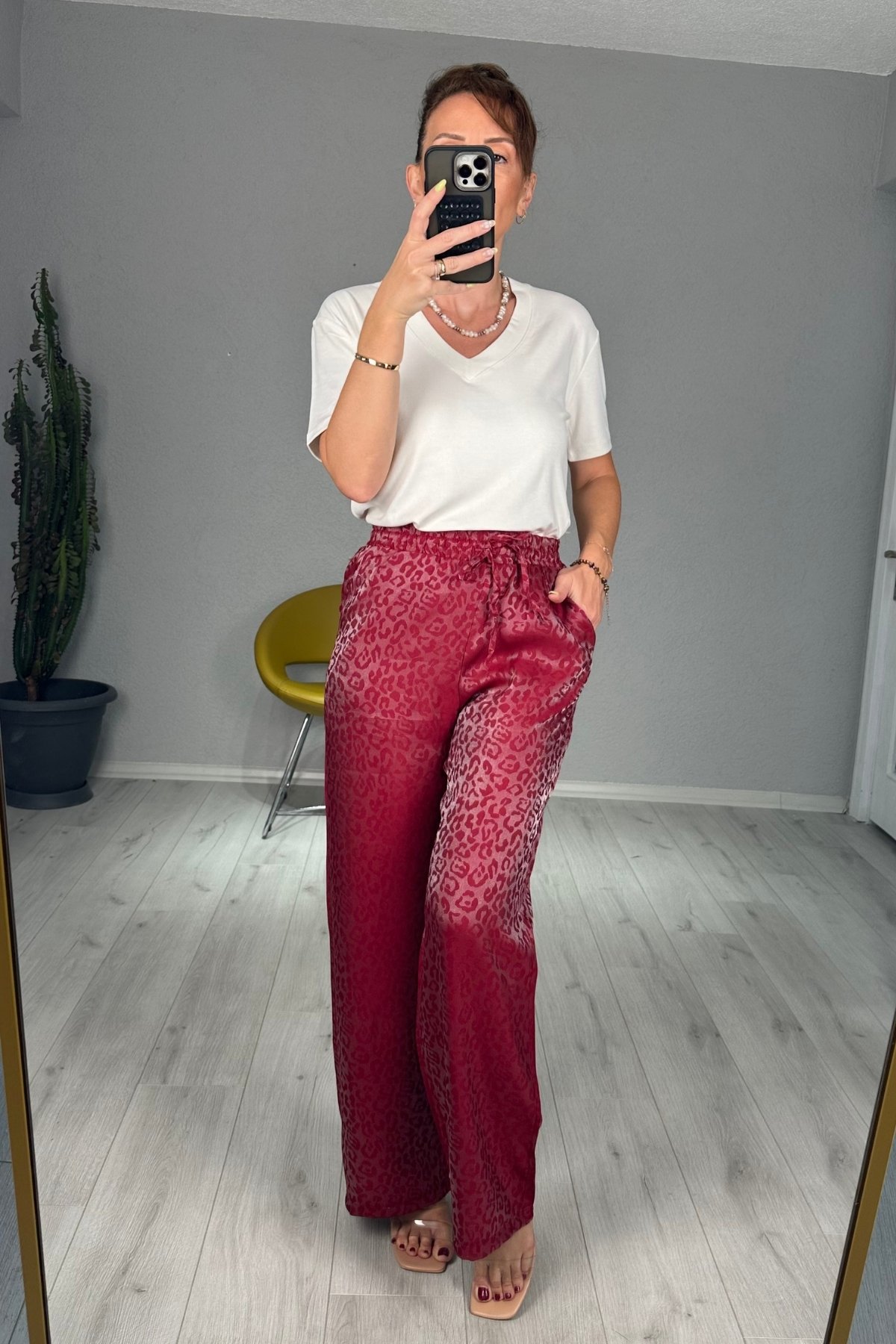Leopar Bol Paça Pantolon  - Bordo