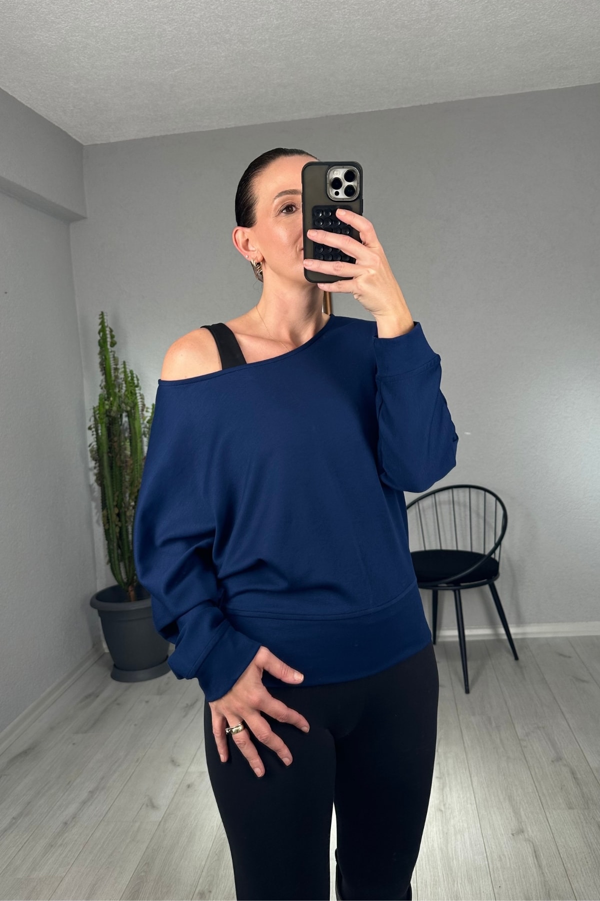Modal Düşük Omuz Sweatshirt - lacivert