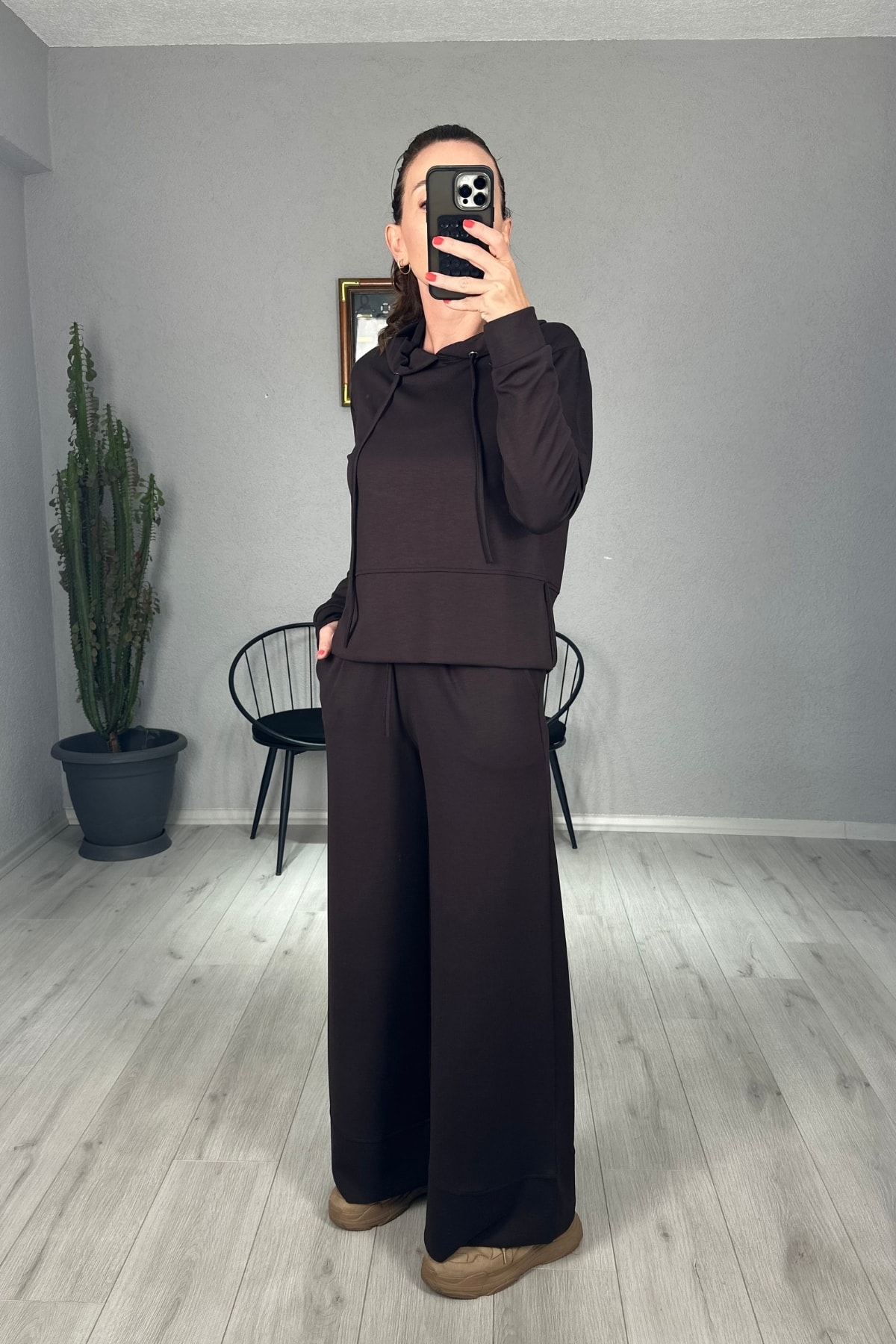 Modal Kapşonlu Sweat ve Manşetli Pantolon Takım 