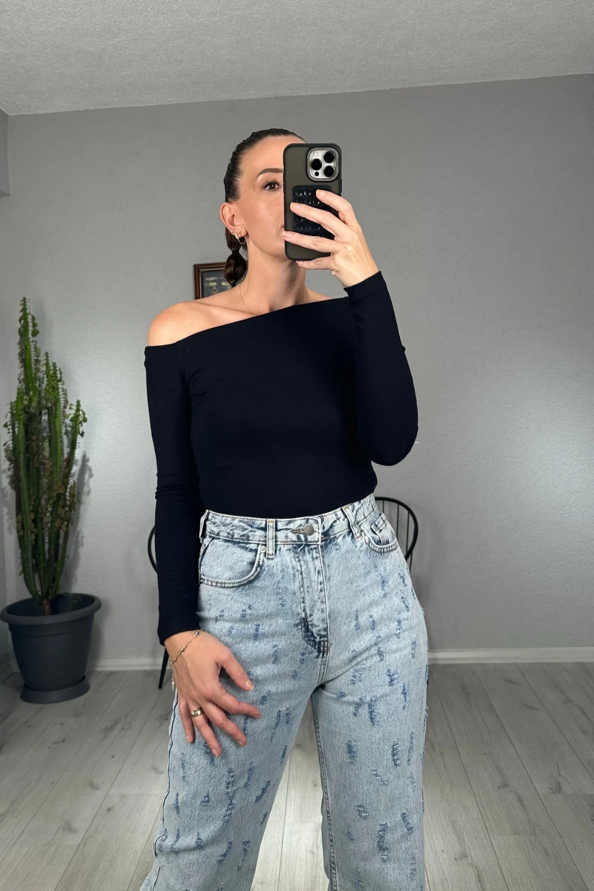 Modal Tek Omuz Uzun Kollu Body  - Siyah