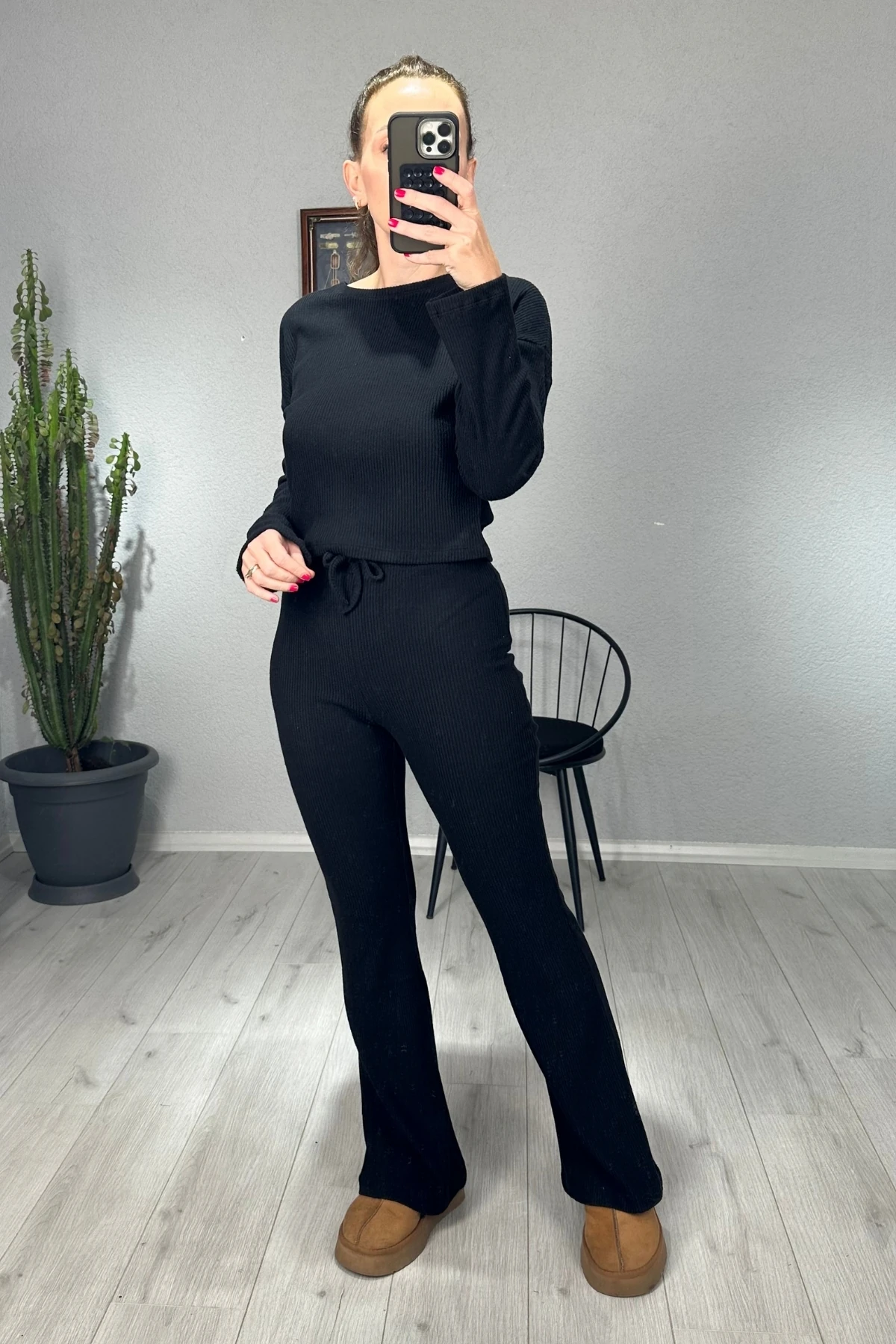 Bisiklet Yaka Crop Bol Paça Pantolon Takım