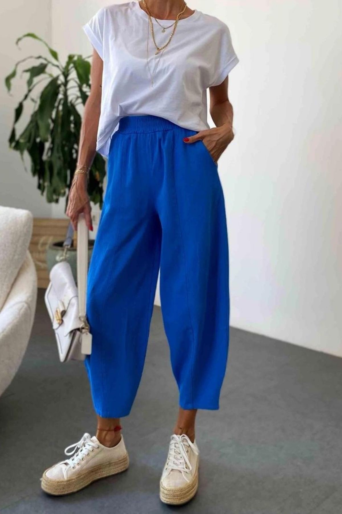Kadın Önden Şeritli Beli Lastikli Gabardin Pantolon  - Mavi