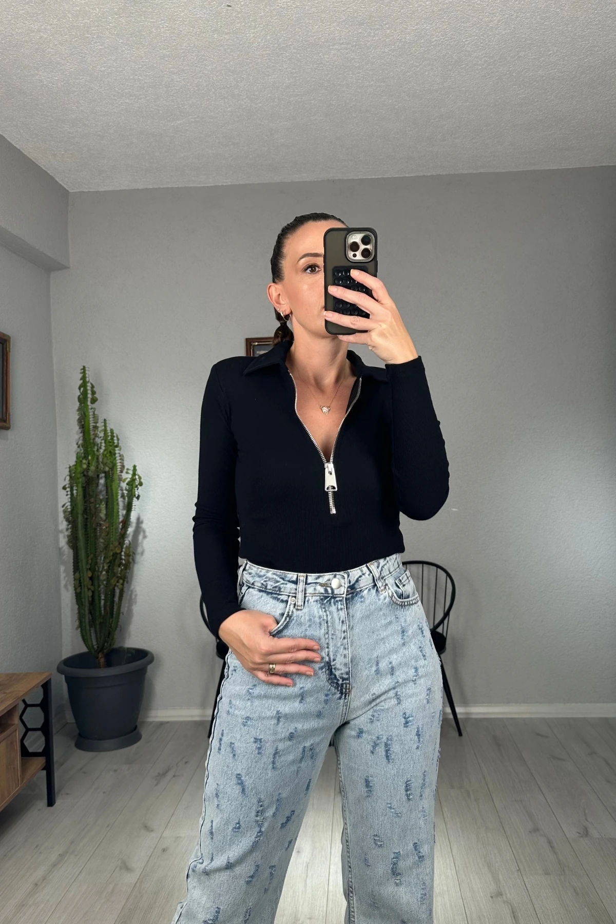 Polo Yaka Fermuarlı Vatkalı Bluz 