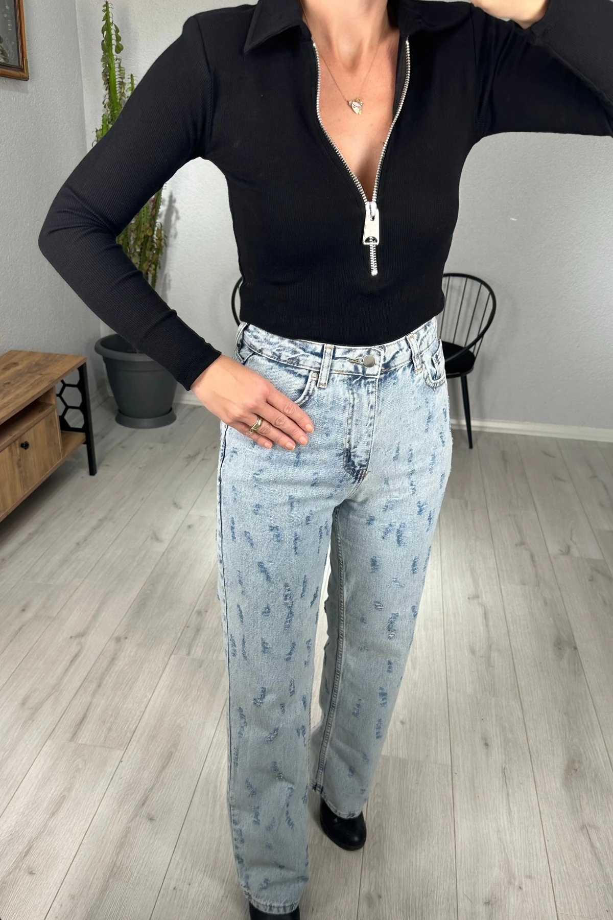 Polo Yaka Fermuarlı Vatkalı Bluz 