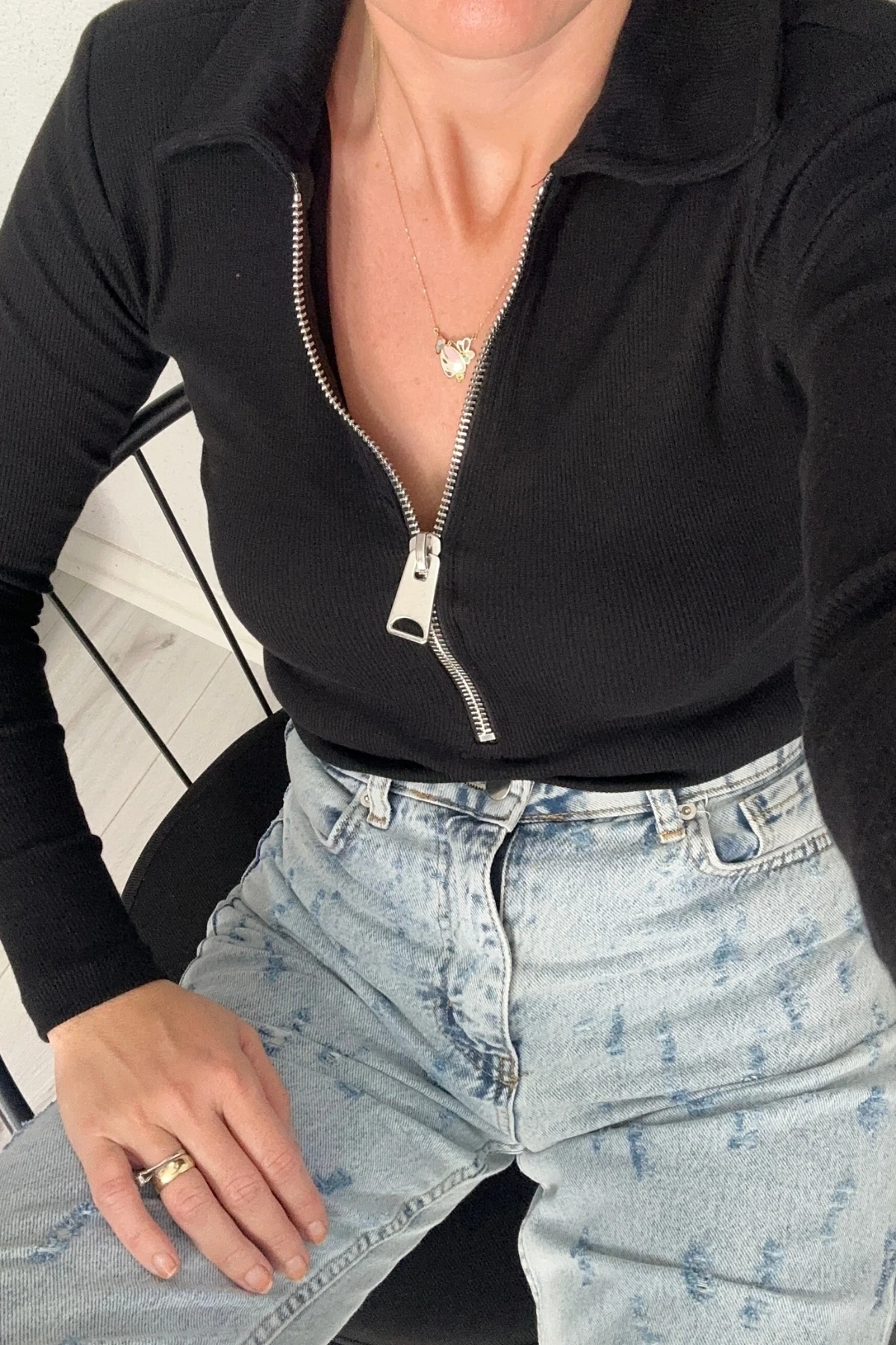 Polo Yaka Fermuarlı Vatkalı Bluz 