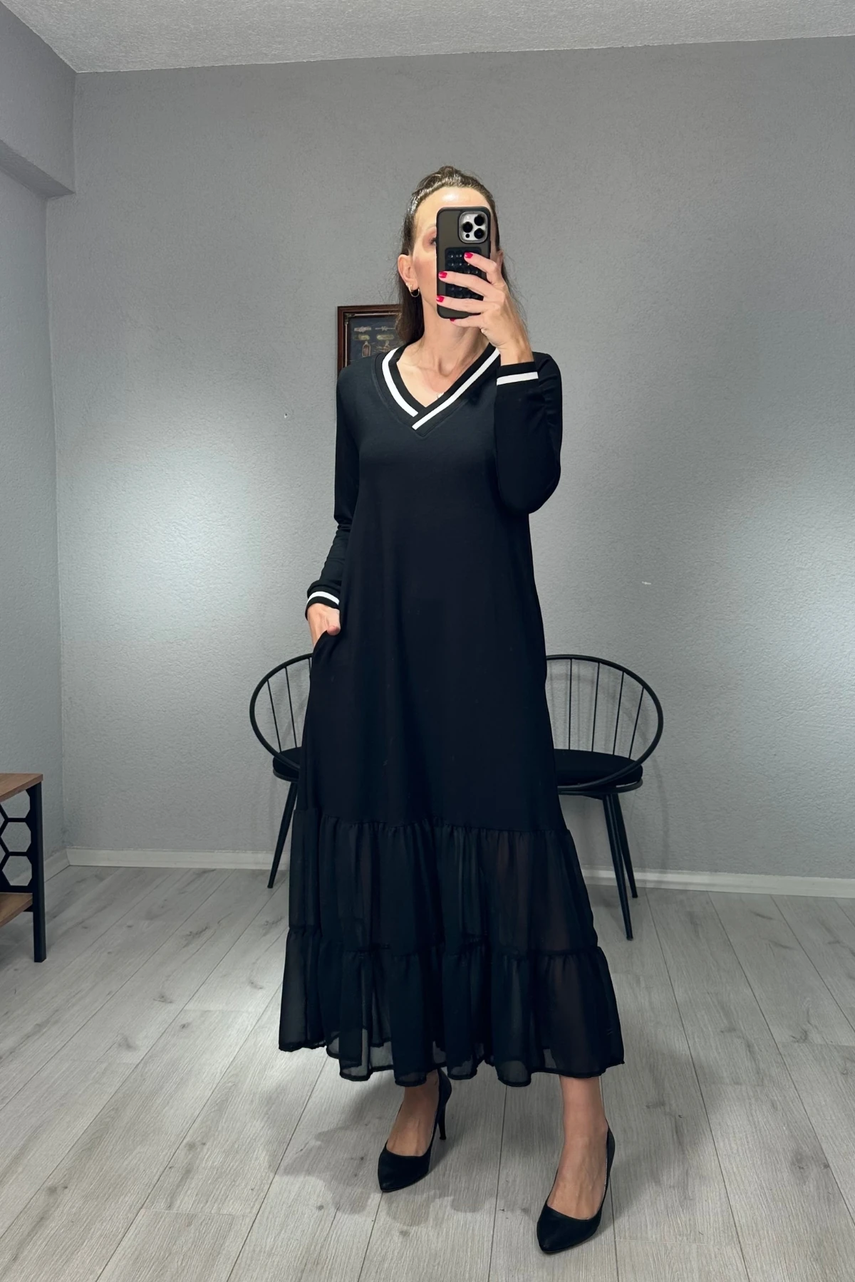 Şifon Detay Ribanalı Elbise