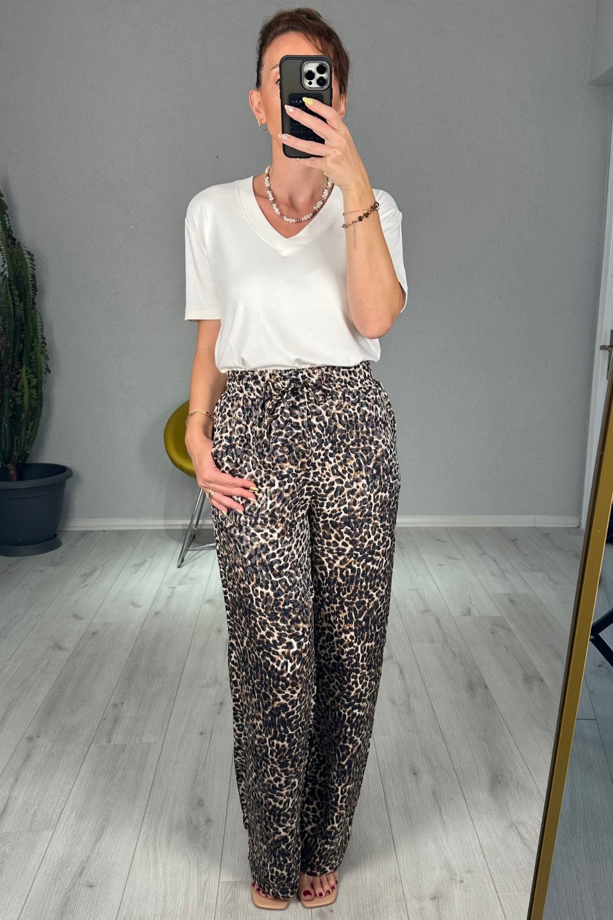 Leopar Bol Paça Pantolon  - Siyah