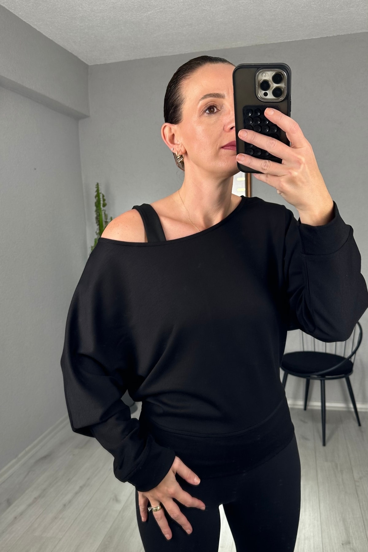 Modal Düşük Omuz Sweatshirt - Siyah