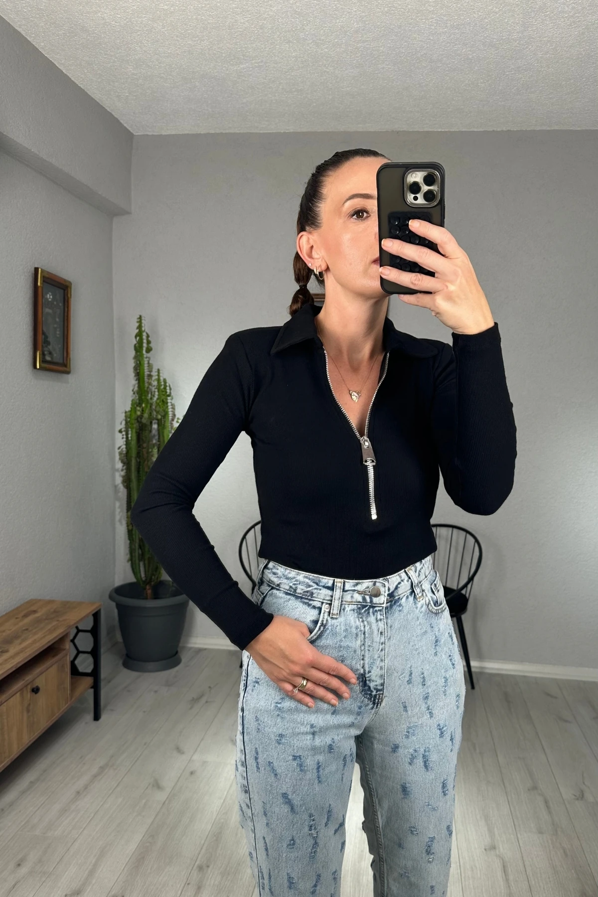 Polo Yaka Fermuarlı Vatkalı Bluz 