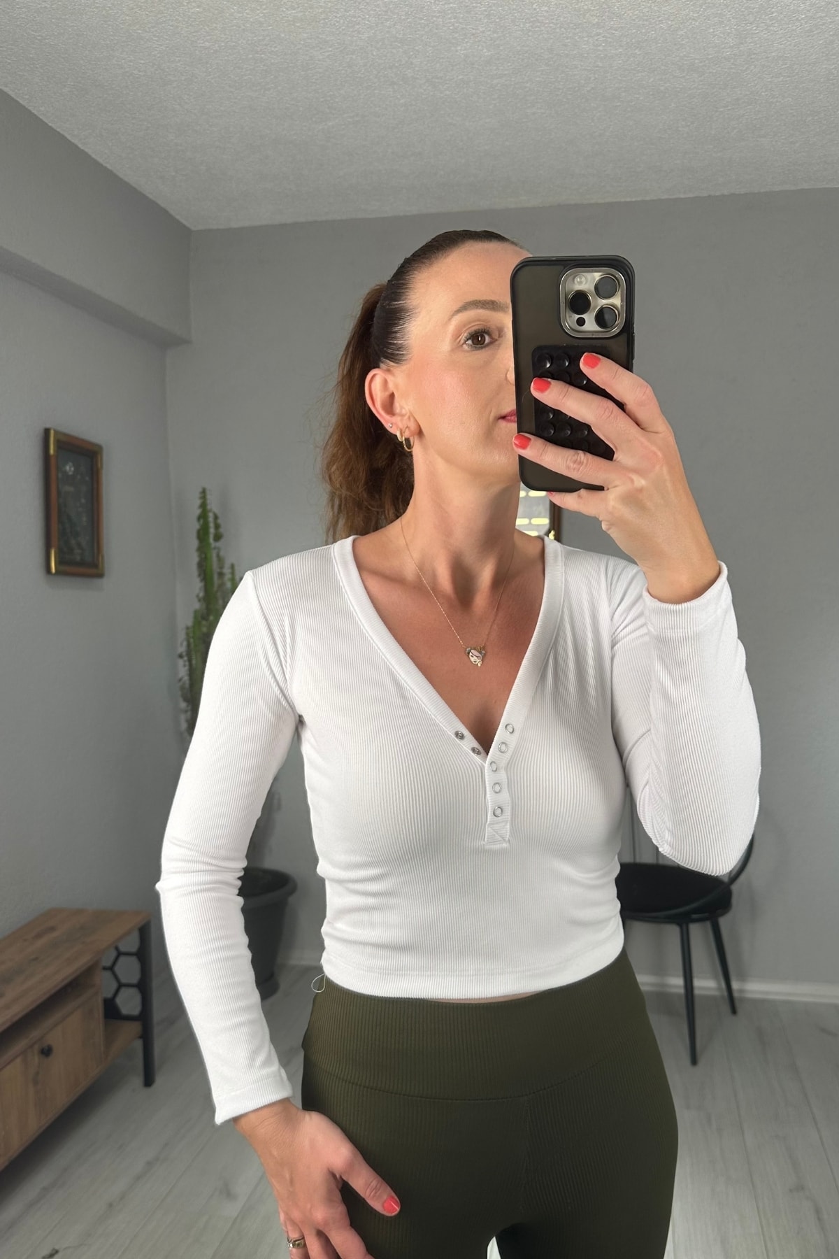 Önü Çıtçıtlı Uzun Kollu Kaşkorse Body  - Beyaz