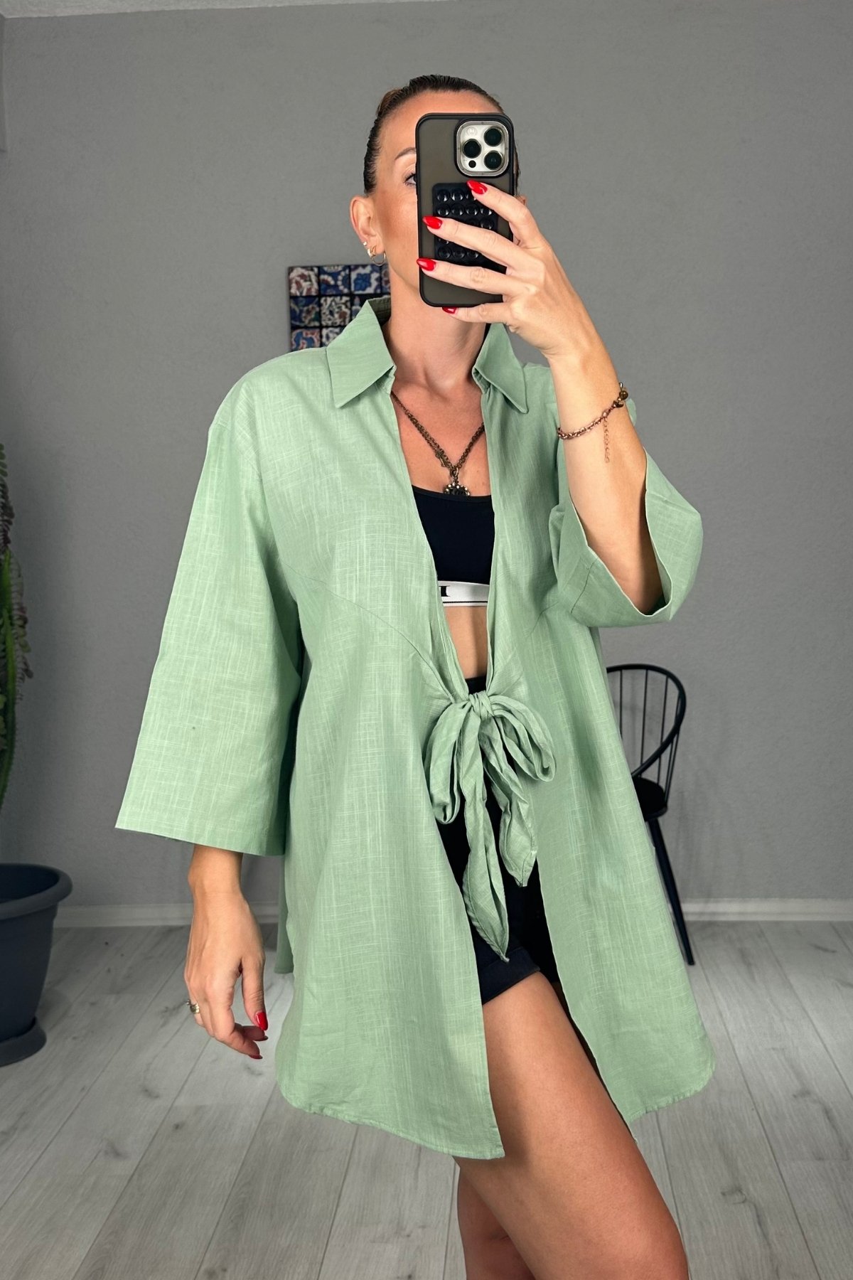 Summer Keten Bağlamalı Pareo Gömlek  - mint yeşili