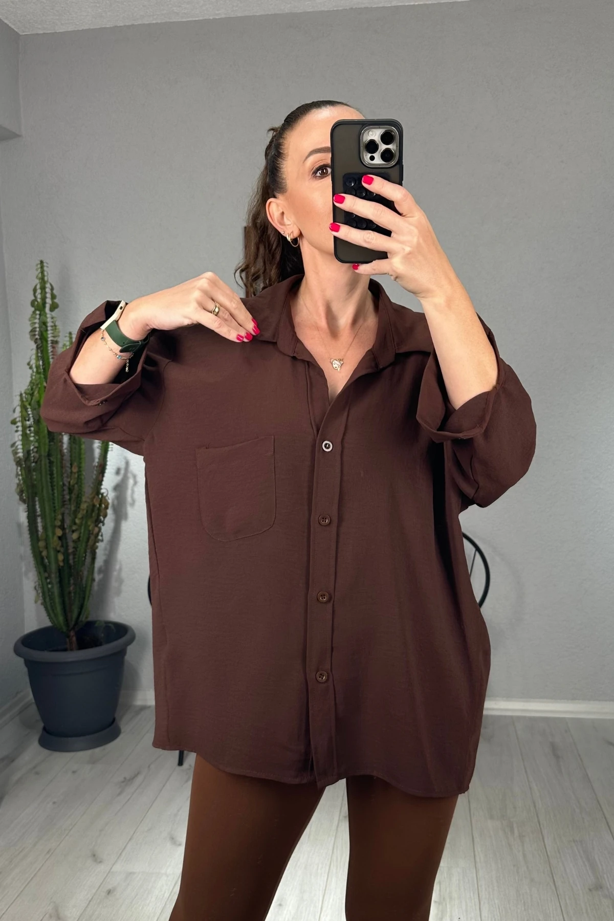 Ayrobin Oversize Cepli Gömlek - kahverengi