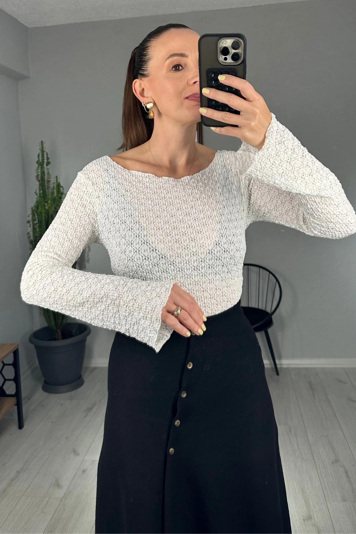 İspanyol Kol Bisiklet Yaka Transparan Bluz - Beyaz