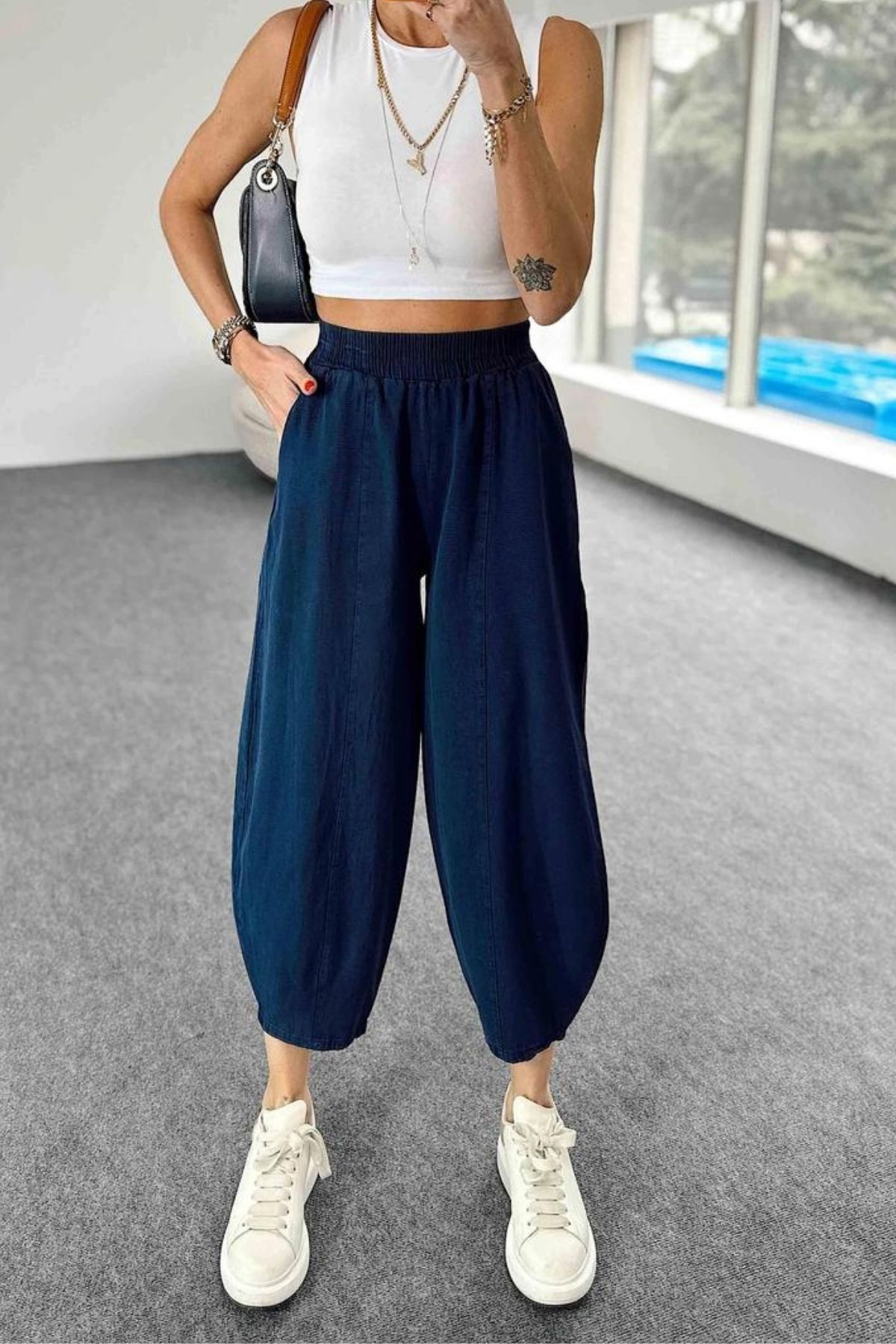 Önden Şeritli Beli Lastikli Gabardin Pantolon