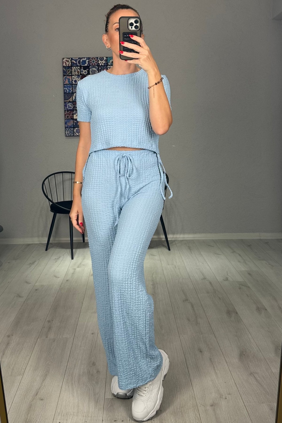 Bubble Crop Pantolon Takım - bebe mavisi