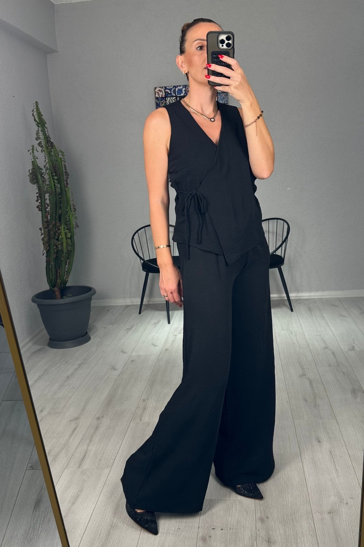Ayrobin Kruvaze Bağlamalı Bluz Pantolon Takım 
