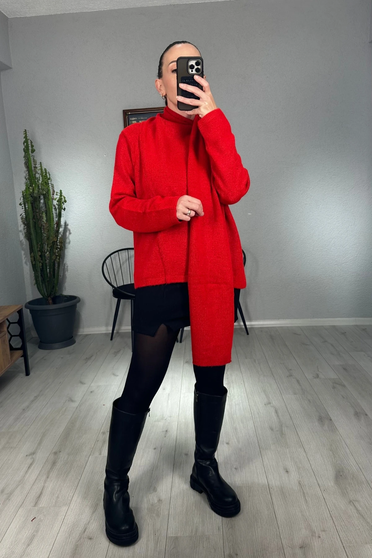 Şallı Triko Kazak - kırmızı