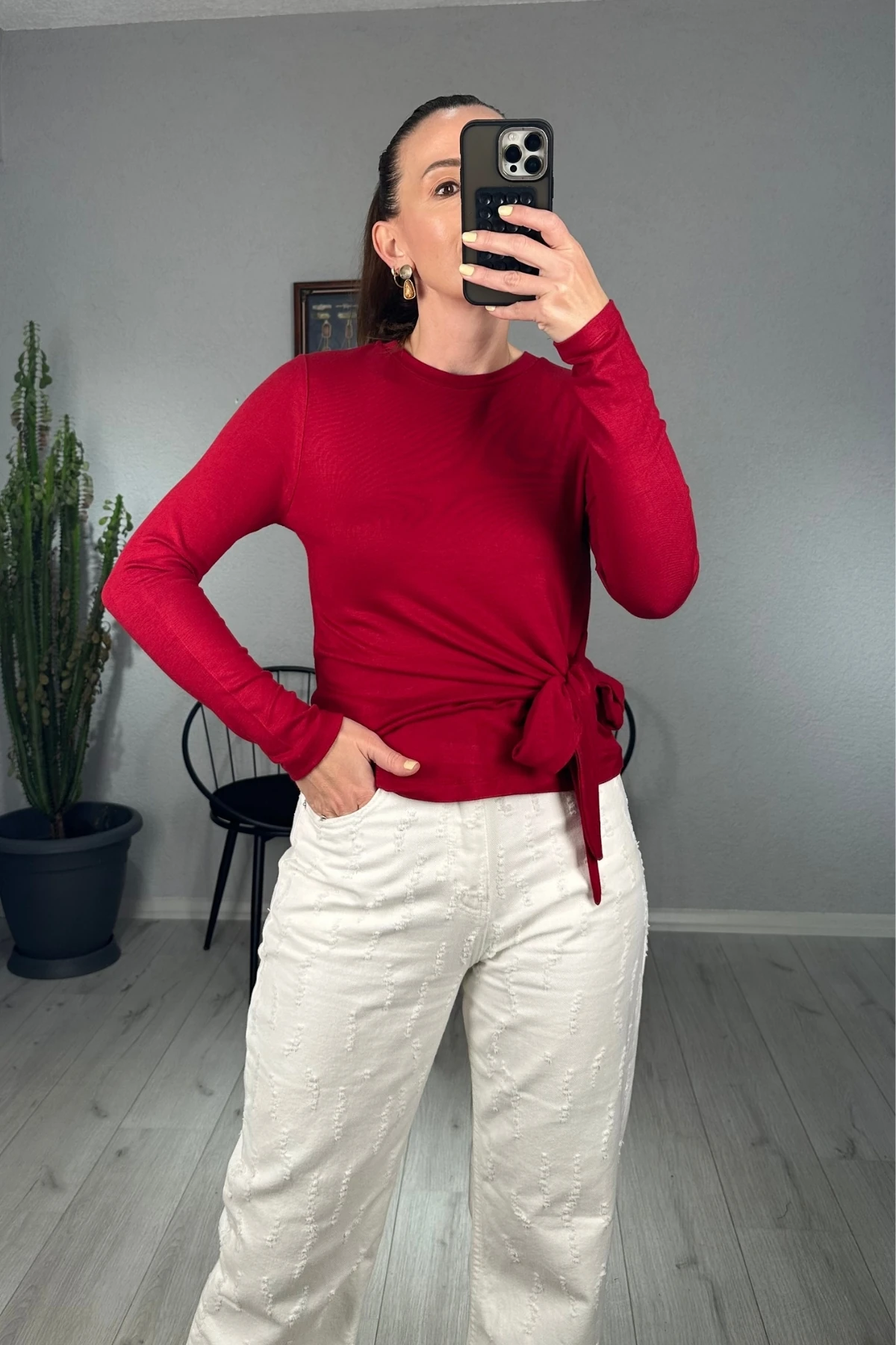 Bisiklet Yaka Belden Bağlamalı Bluz - kırmızı