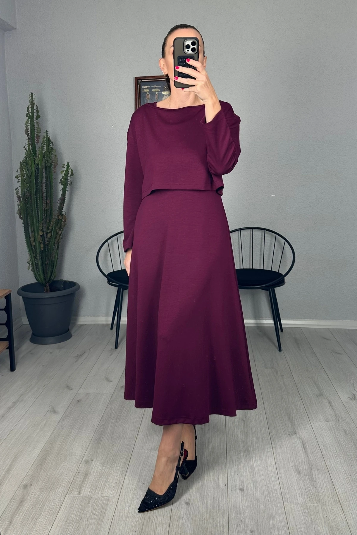 Askılı Elbise Crop Takım - Bordo