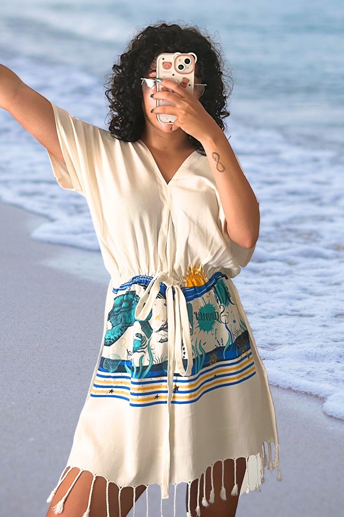 Kadın Pamuklu Pareo Plaj Elbisesi - beli lastikli caretta