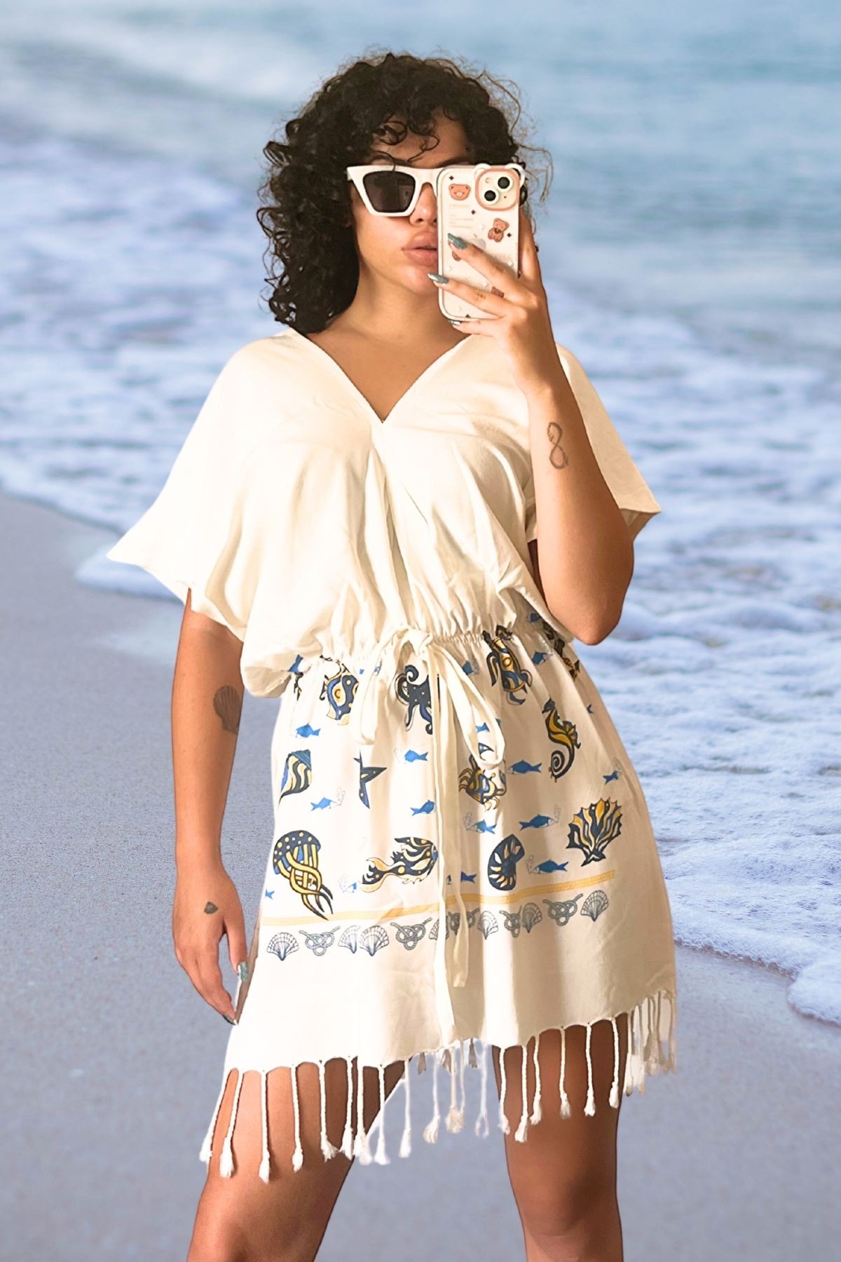 Kadın Pamuklu Pareo Plaj Elbisesi - Beli Lastikli Deniz Canlısı
